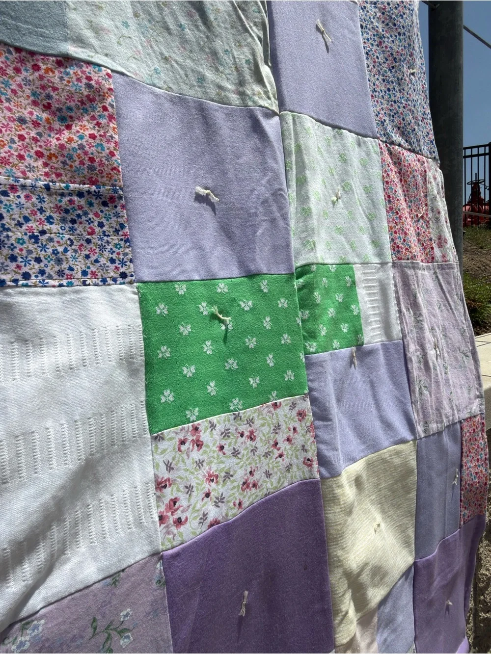 Pastel Patchwork Quilt in Pink, Green, Lavender, White - Charming Floral Squares